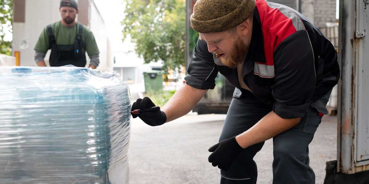 A man loading film wrapped water containers into a truck for transportation.