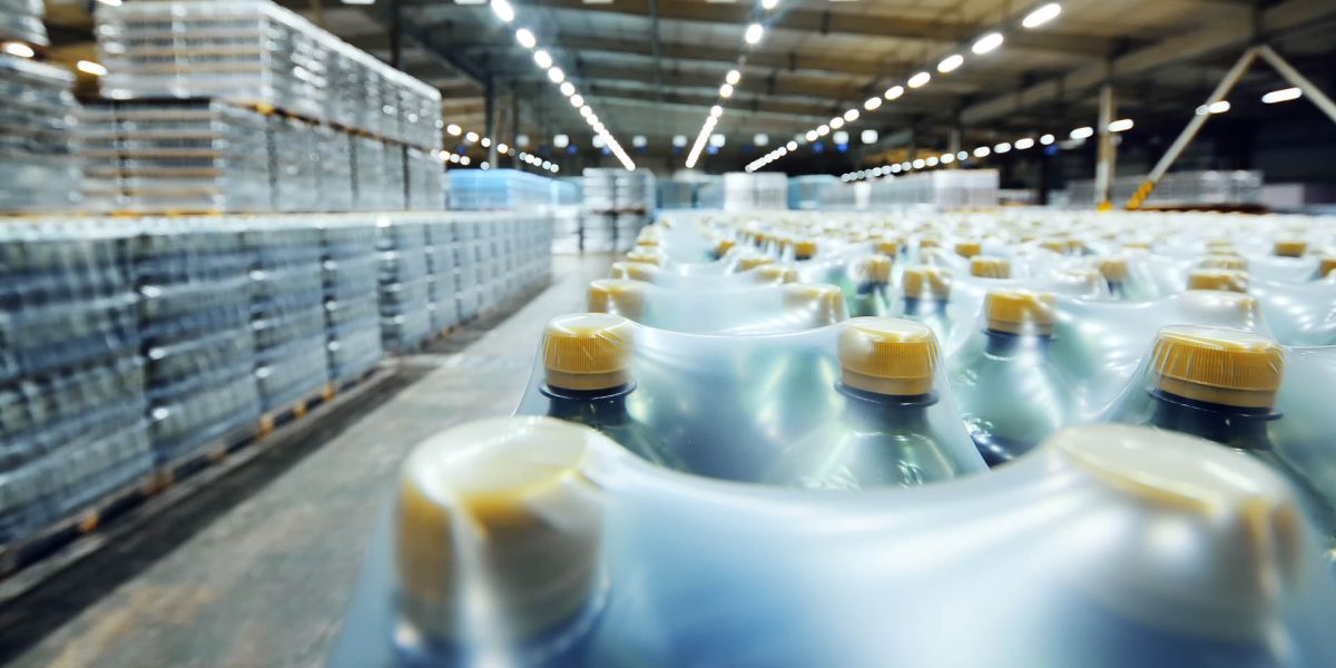Packaged plastic bottles in a warehouse