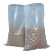 Two light blue, semi-transparent aggregate sacks containing sand and stones