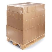 Some cardboard boxes on a pallet, wrapped securely using a shrink cover